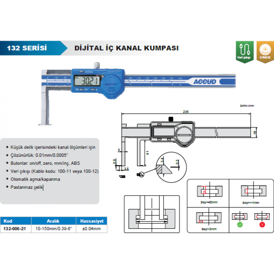 Accud Dijital İç Çap Kanal Kumpası 150mm/ 132-006-21