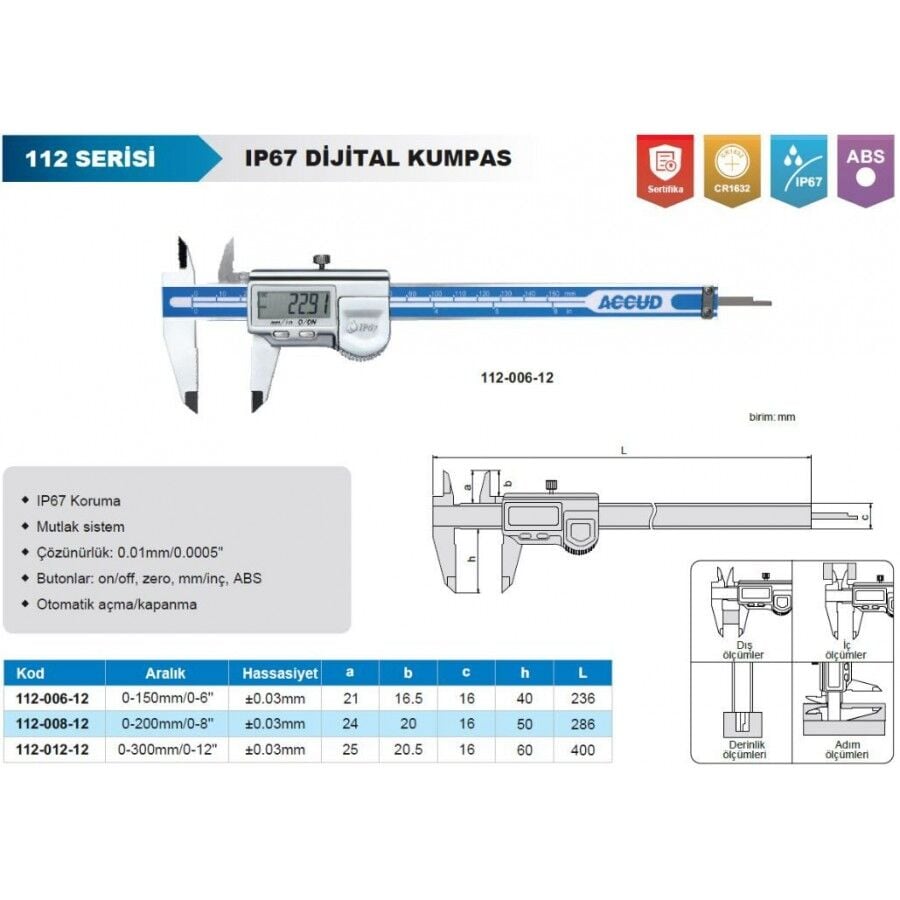 Accud Dijital Kumpas 200 mm IP67 | 112-008-12