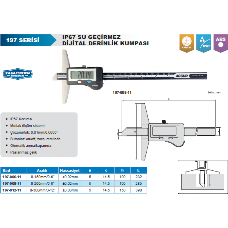 Accud IP67 Su Geçirmez Dijital Derinlik Kumpası 0-150mm/197-006-11