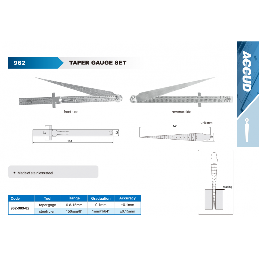 Accud Konik Cetvel 0,8-15 mm (150-6) / 0,1 mm / 962-909-02