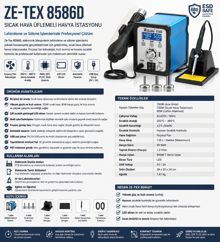 Ze-Tex 8586D Sıcak Hava Üflemeli Havya İstasyonu