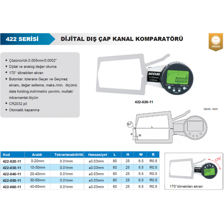 Accud Dijital Dış Çap Kanal Komparatörü 30-50mm / 422-050-11