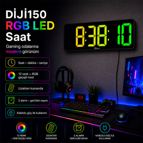 Diji150 RGB Renkli Büyük Ekranlı Dijital Saat