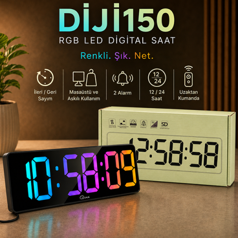 Diji150 RGB Renkli Büyük Ekranlı Dijital Saat