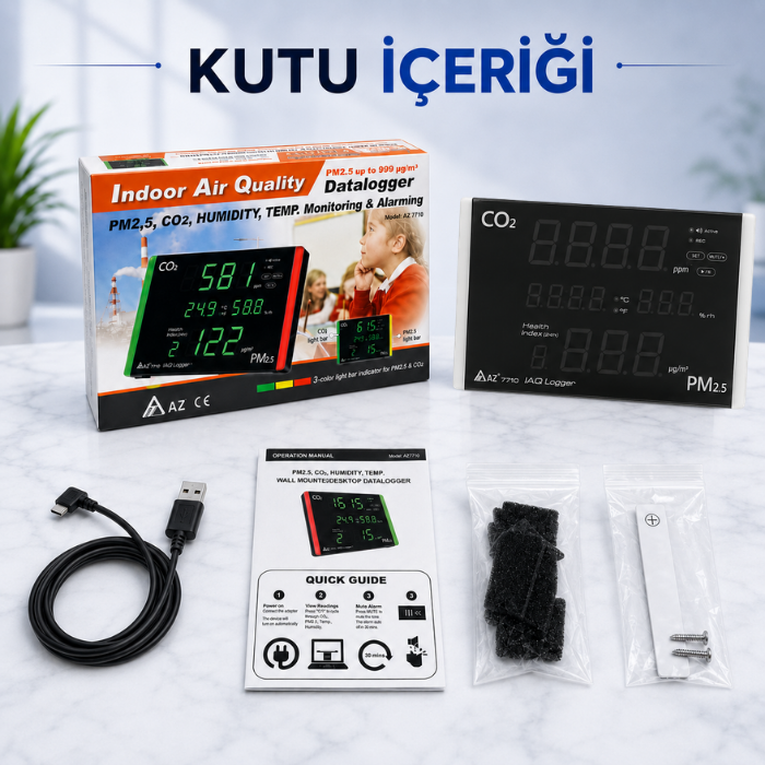 AZ 7710 Hava Kalitesi Ölçer | Karbondioksit, Sağlık İndeksi, PM2.5, Sıcaklık ve Nem