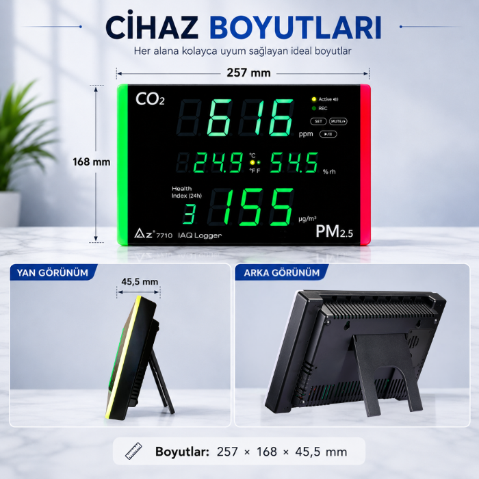 AZ 7710 Hava Kalitesi Ölçer | Karbondioksit, Sağlık İndeksi, PM2.5, Sıcaklık ve Nem