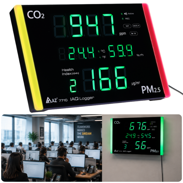 AZ 7710 Hava Kalitesi Ölçer | Karbondioksit, Sağlık İndeksi, PM2.5, Sıcaklık ve Nem