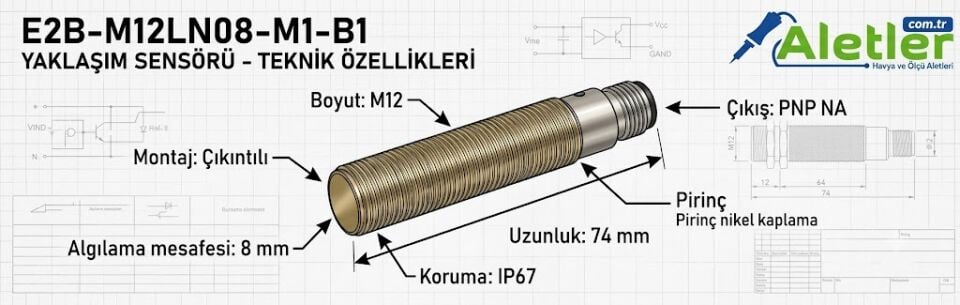 Omron E2B-M12LN08-M1-B1 m12 8mm Pnp No Uzun Gövde Çıkık Kafa Konnektörlü Endüktif Sensör