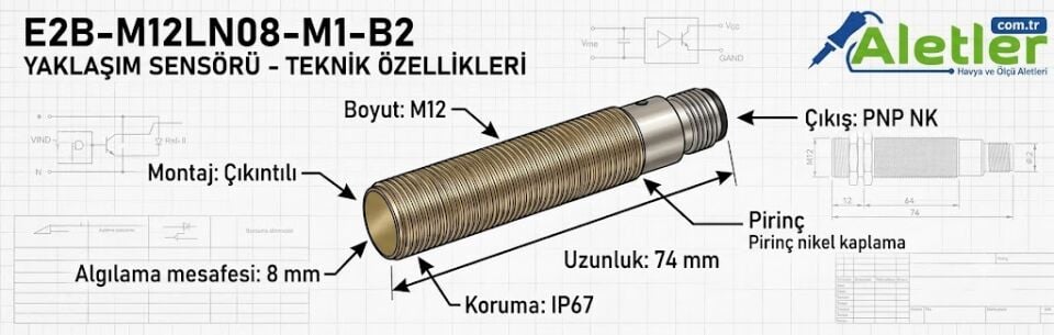 Omron E2B-M12LN08-M1-B2 m12 8mm Pnp Nc Uzun Gövde Çıkık Kafa Konnektörlü Endüktif Sensör
