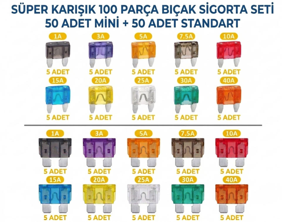 IC-274B Kutulu Mini & Standart Karışık Oto Bıçak Sigorta Seti 100 Parça