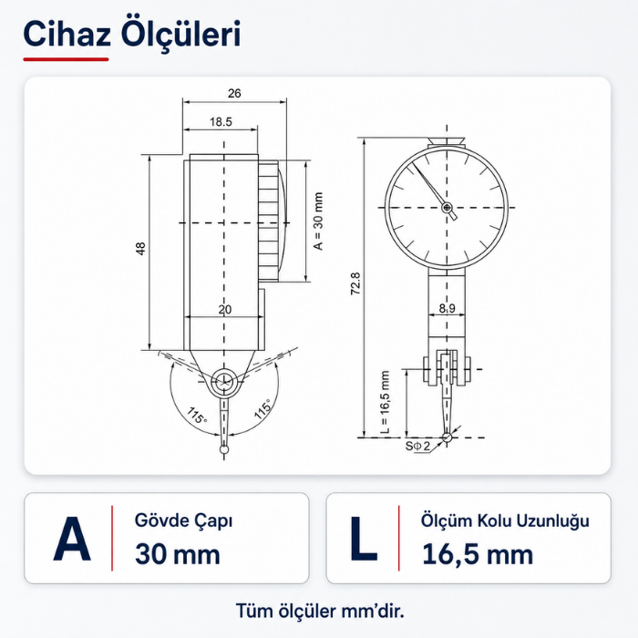 Dasqua 5221-1129-A Yakut Uçlu Salgı Komparatörü | 0 - 0.8 mm