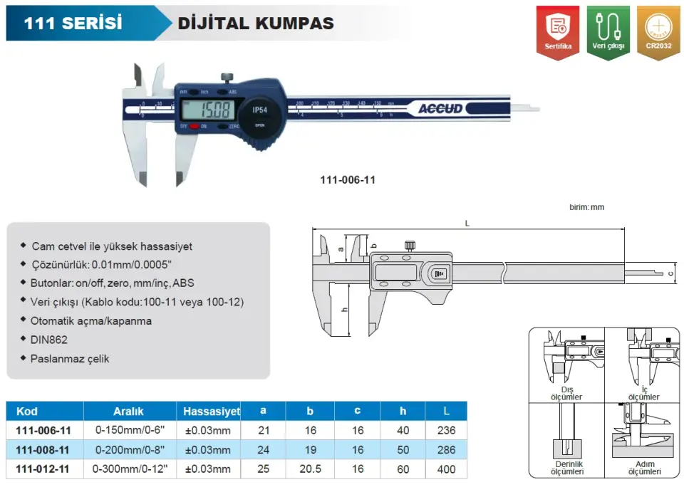 Accud 111-012-11 Dijital Kumpas IP54 0-300mm