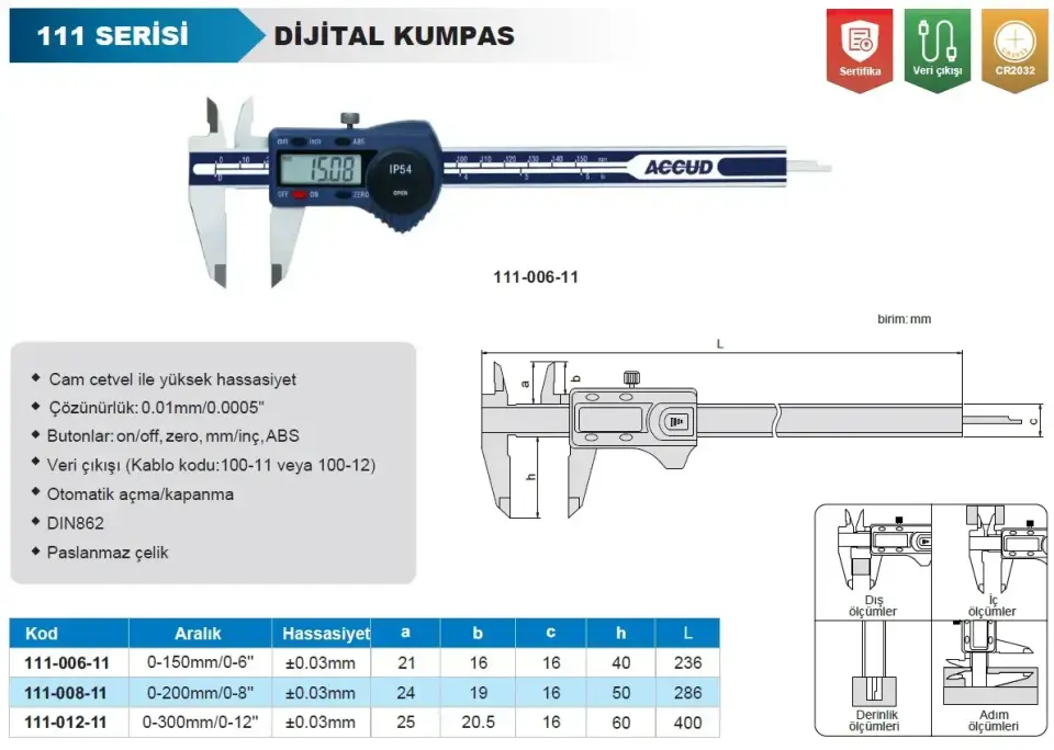 Accud 111-006-11 Dijital Kumpas IP54 0-150mm
