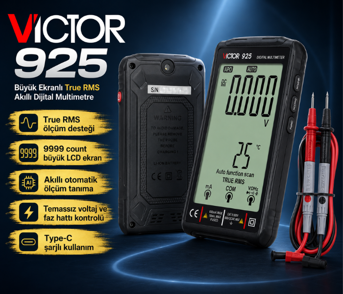 Victor 925 Büyük Ekranlı True RMS Akıllı Dijital Multimetre