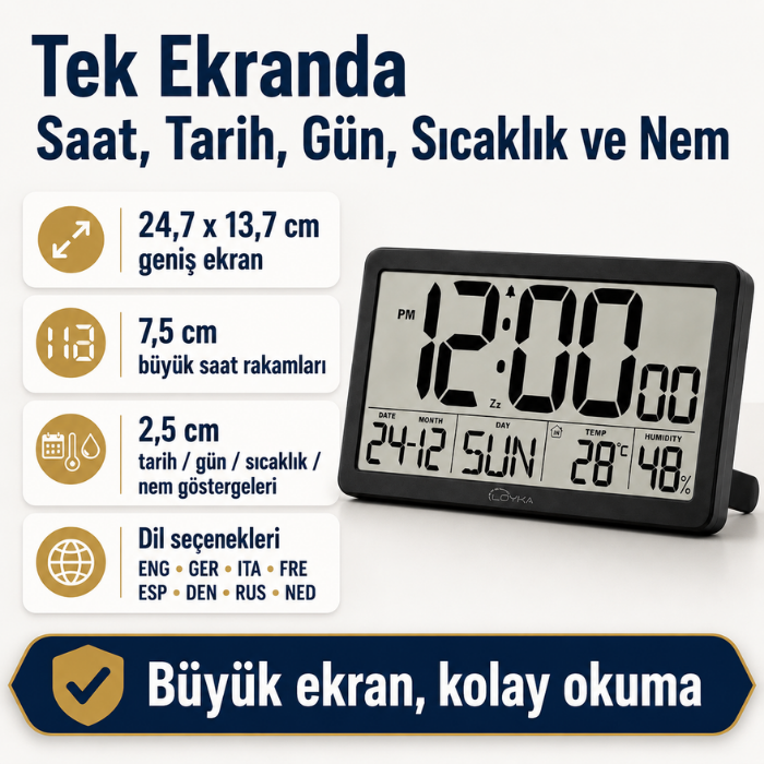 Loyka LCDSY75 Siyah Dijital LCD Saat | Tarih, Sıcaklık ve Nem Göstergeli