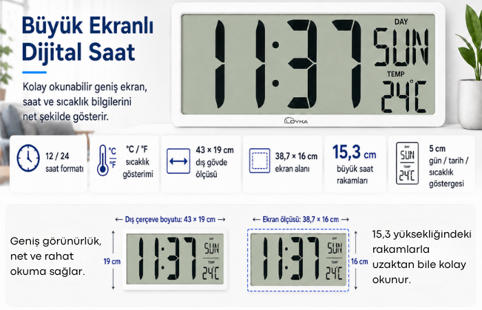 Loyka LCD200JUMBO Büyük Ekranlı Dijital Duvar Saati