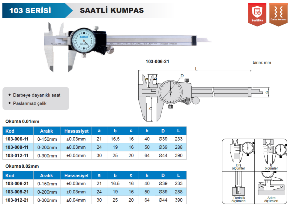 Accud 101-012-21I İnç Saatli Kumpas