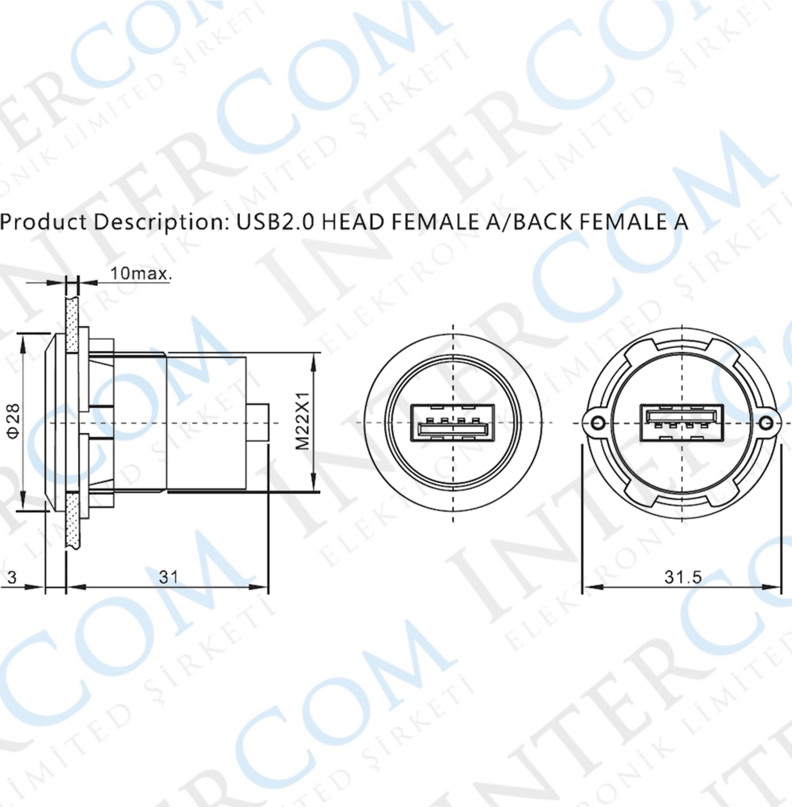 USB-01C-BK 22MM PANO TİP SİYAH USB A DİŞİ SOKET