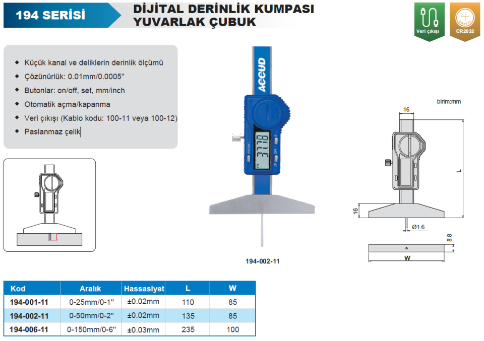 Accud Dijital Derinlik Kumpası 194 Seri - Yuvarlak Çubuk