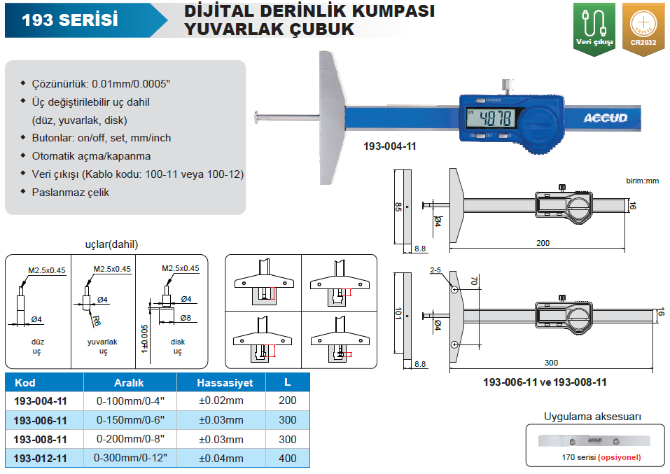 Accud Dijital Derinlik Kumpası 193 Seri - Yuvarlak Çubuk