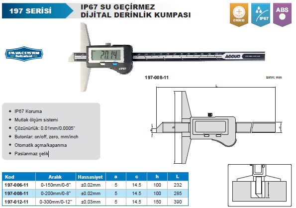 Accud Dijital Derinlik Kumpası 197 Serisi IP67 Su Geçirmez