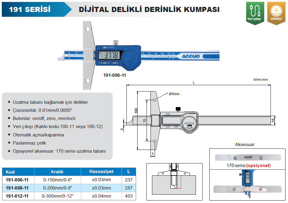 Accud Dijital Delikli Derinlik Kumpası 191 Serisi
