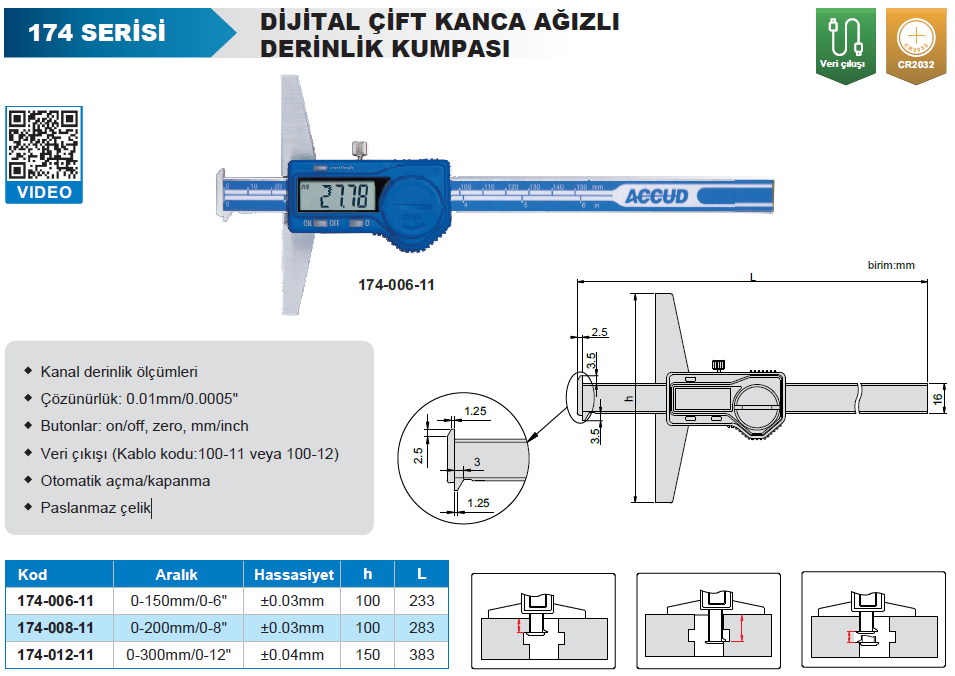 Accud Dijital Çift Kancalı Derinlik Kumpası 174 Serisi