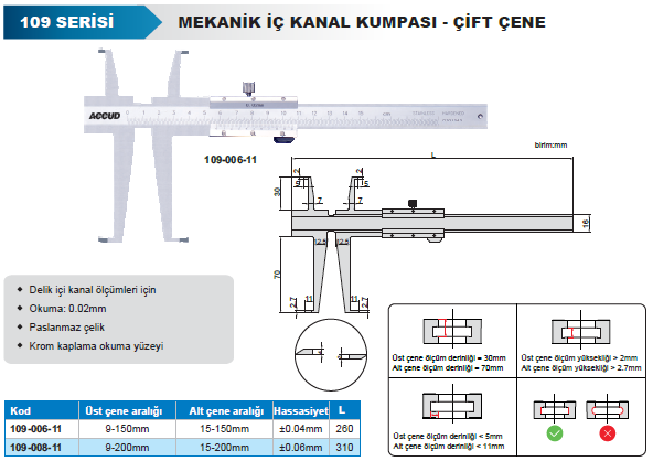 Accud Mekanik İç Çap Kanal Kumpası 109 Serisi - Çift Çene