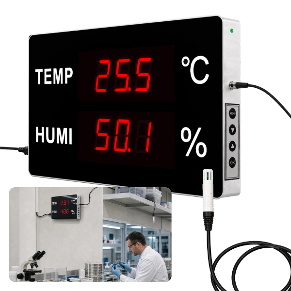 Huato CableNanoSense-18 Kablolu Büyük Sıcaklık Nem Ölçer | 3 m Sensörlü | 4,5 cm Rakam