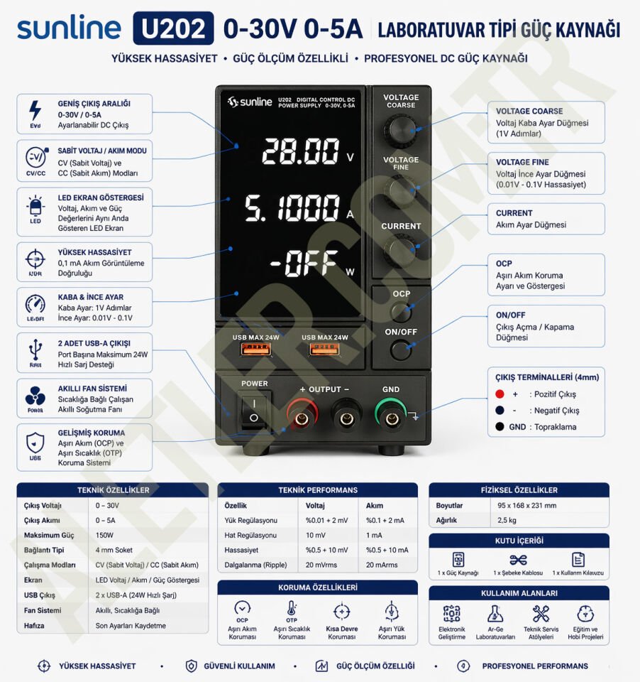 Sunline U202 30v 5A Usbli Programlanabilir Güç Kaynağı