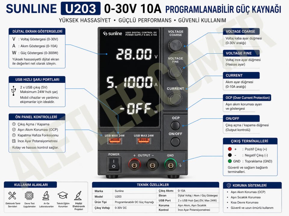 Sunline U203 30v 10A Usbli Programlanabilir Güç Kaynağı