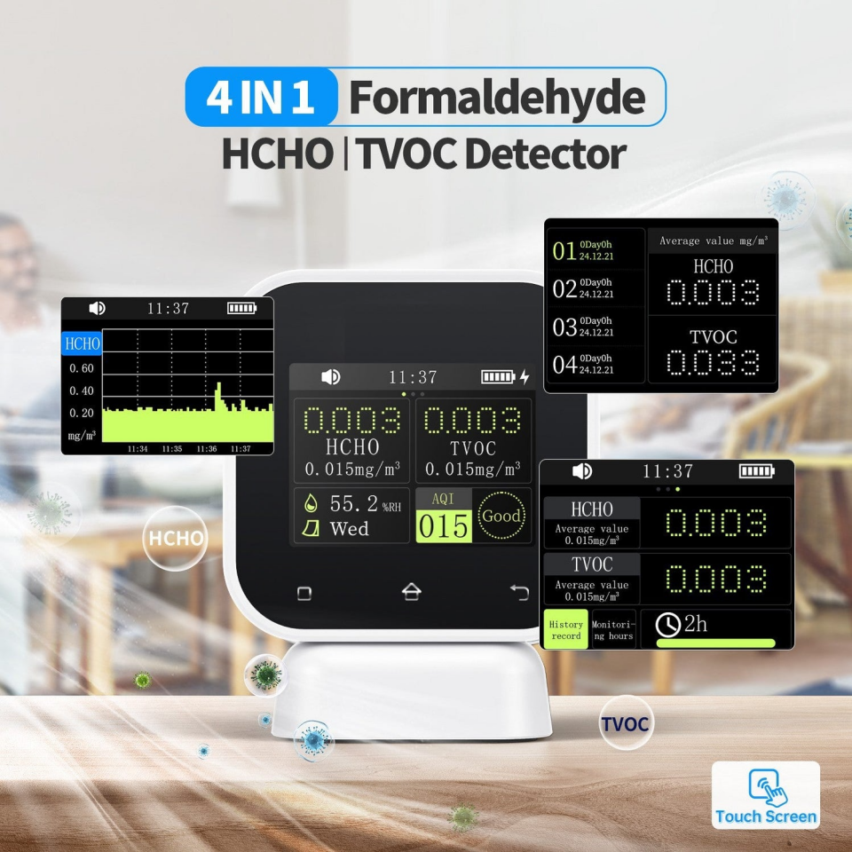 Fnirsi SFD-02 4'ü 1 Arada İç Hava Kalitesi Monitörü – Dokunmatik Ekranlı HCHO & TVOC Ölçüm Cihazı