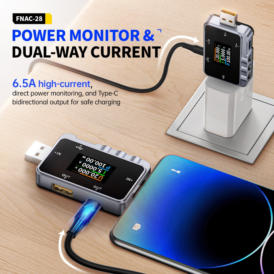 Fnirsi FNAC-28 2'si 1 Arada Tip-C USB Test Cihazı Dijital Voltmetre Ampermetre