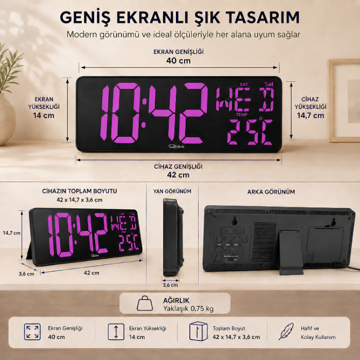 WİFİ150 RGB Renkli Büyük Ekranlı Dijital Duvar Saati | Sıcaklık ve Gün Gösterimi