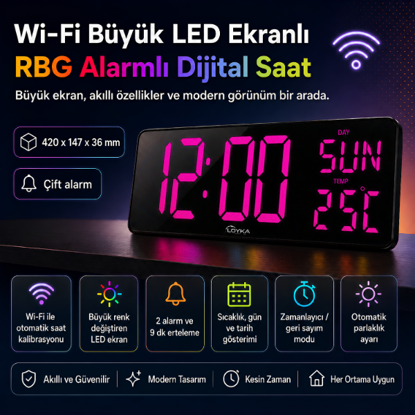 WİFİ150 RGB Renkli Büyük Ekranlı Dijital Duvar Saati | Sıcaklık ve Gün Gösterimi