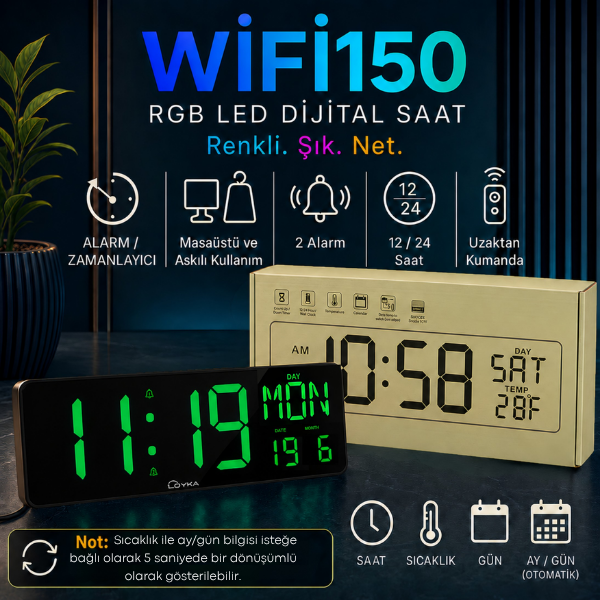 WİFİ150 RGB Renkli Büyük Ekranlı Dijital Duvar Saati | Sıcaklık ve Gün Gösterimi