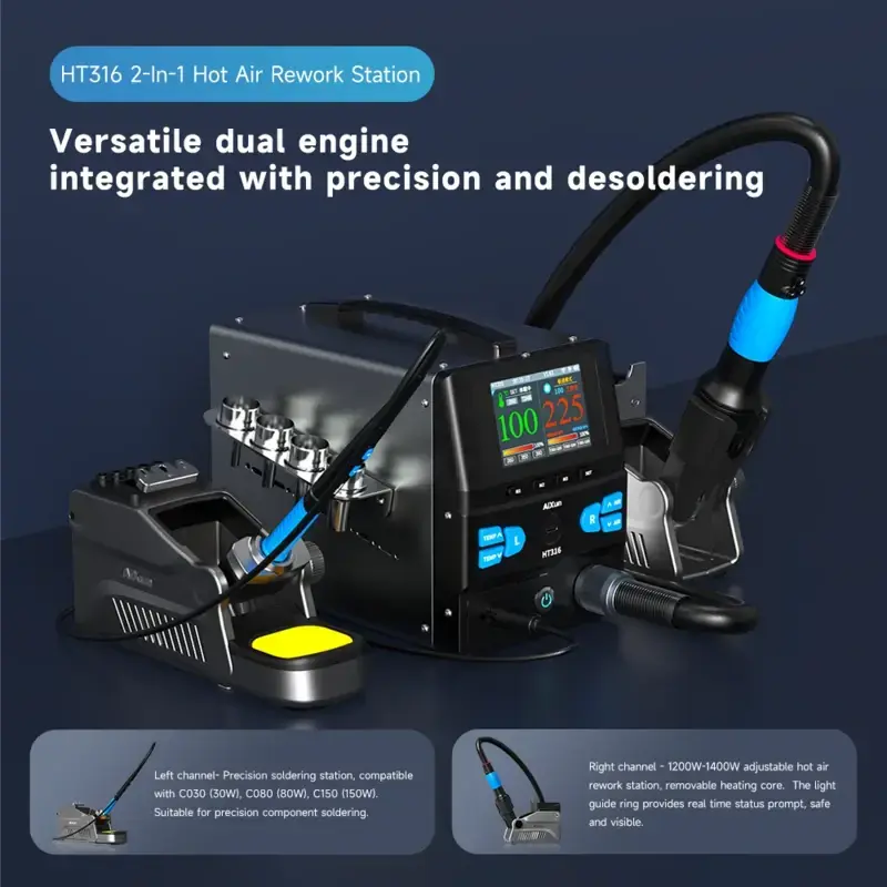AiXun HT316 1400W Çift Kollu Sıcak Hava ve Lehim İstasyonu