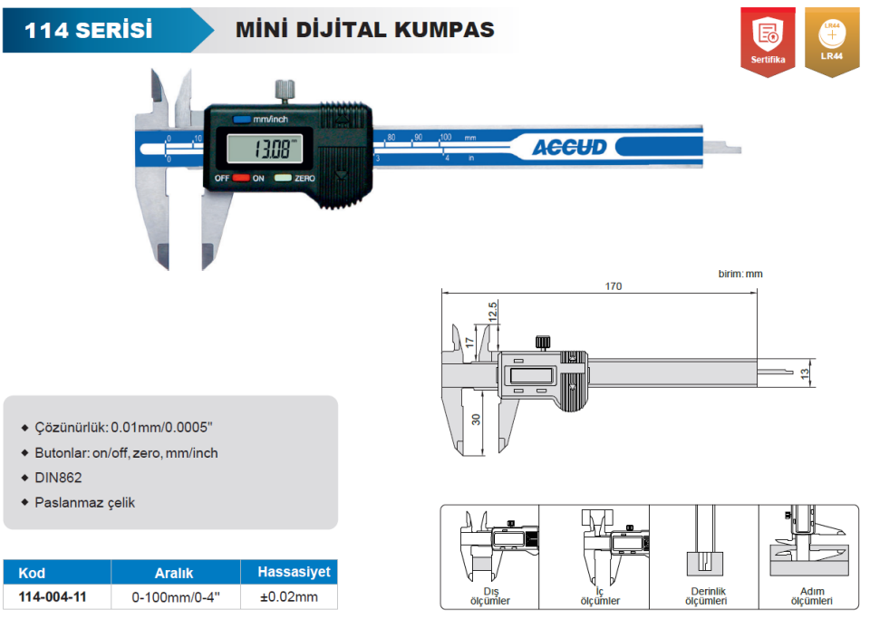Accud 114-004-11 Mini Dijital Kumpas 0-100mm
