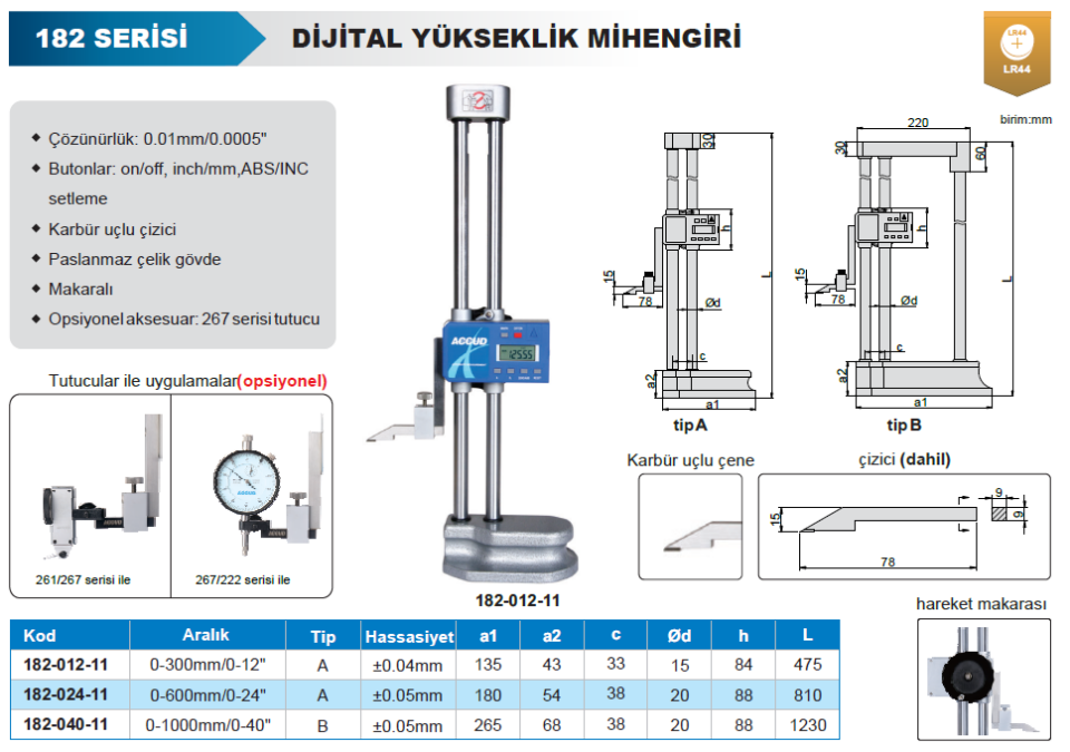 Accud 182 Çift Sütun Dijital Yükseklik Mihengiri