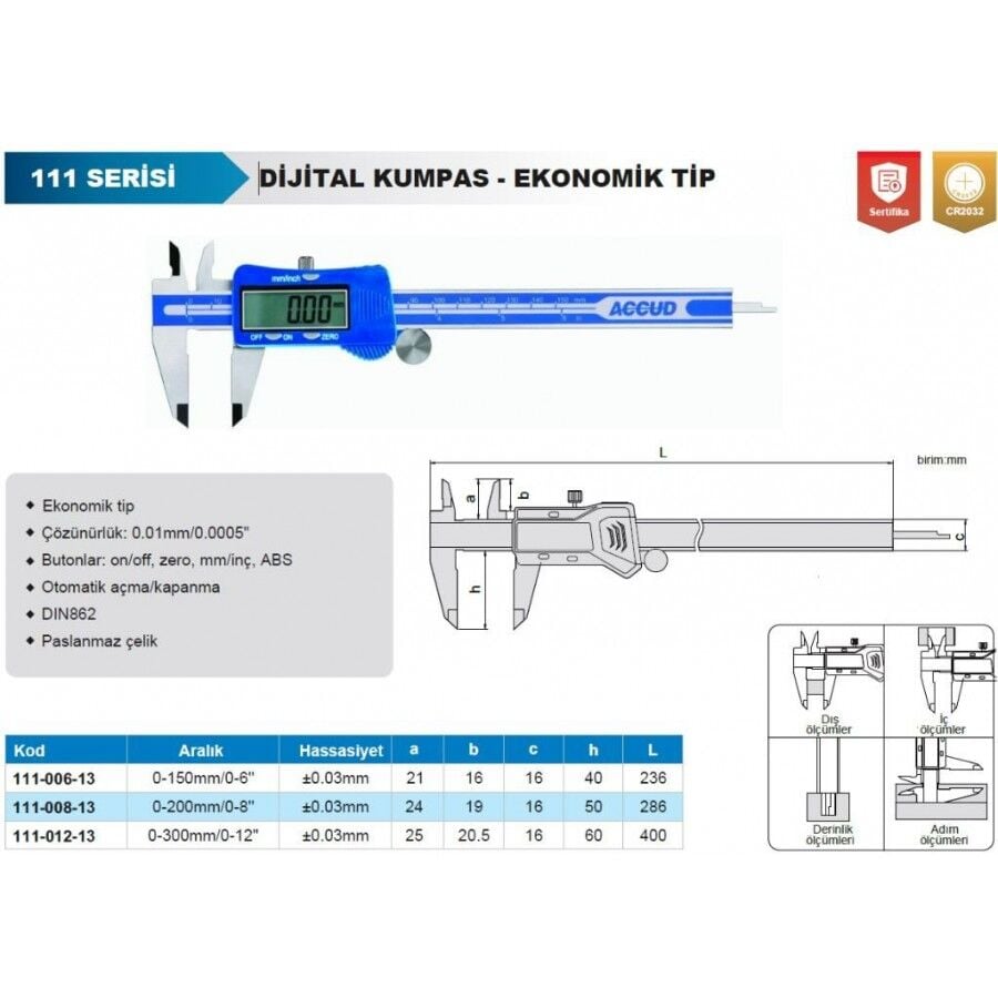 Accud Ekonomik Dijital Kumpas 200 mm | 111-008-13
