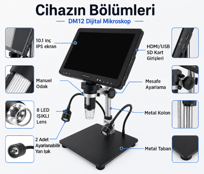 DM12A HDMI Bağlantılı Büyük Ekranlı Dijital Mikroskop | 1500X