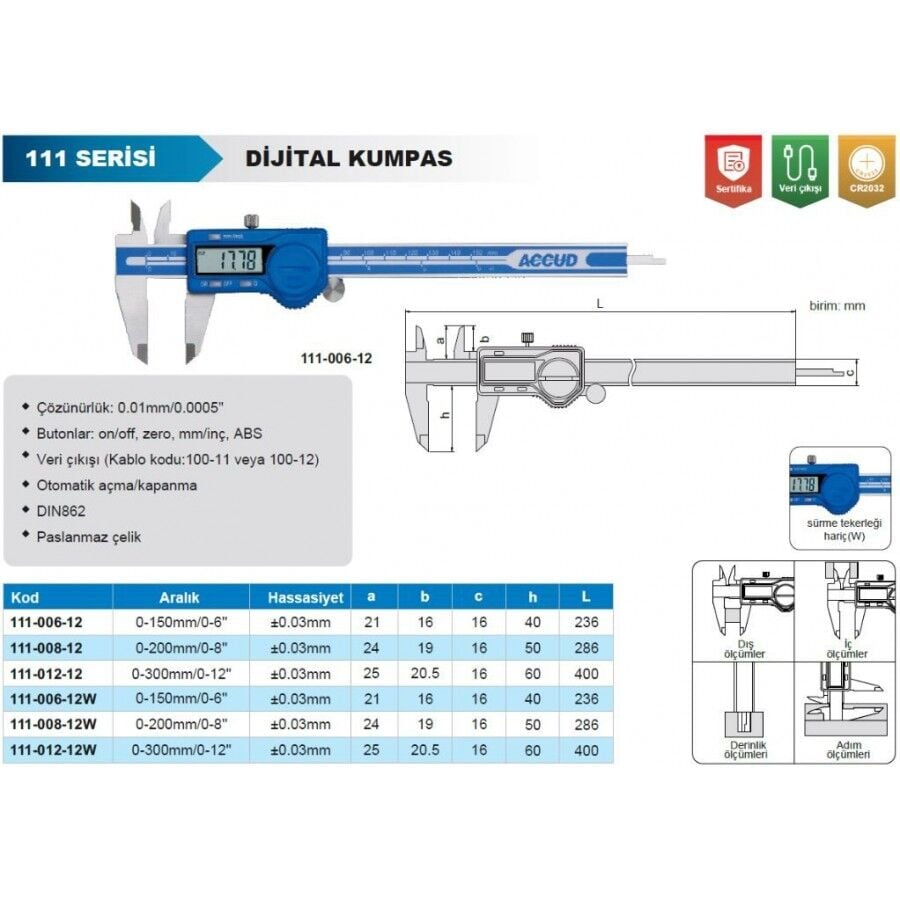 Accud Dijital Kumpas 200mm | 111-008-12