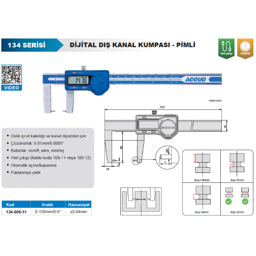 Accud Dijital Dış Çap Kanal Kumpası-Pimli/134-006-11